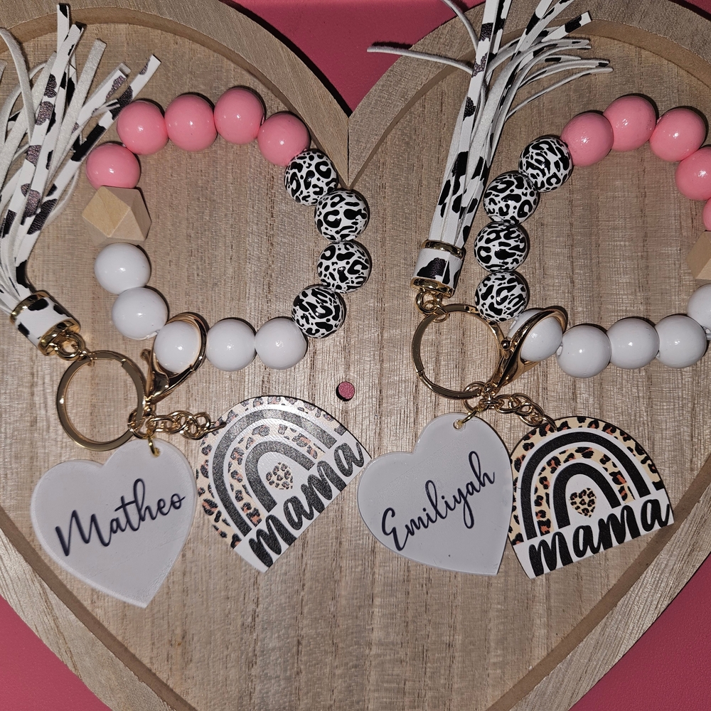 Personalized Mama Keychain Set - Pink and White